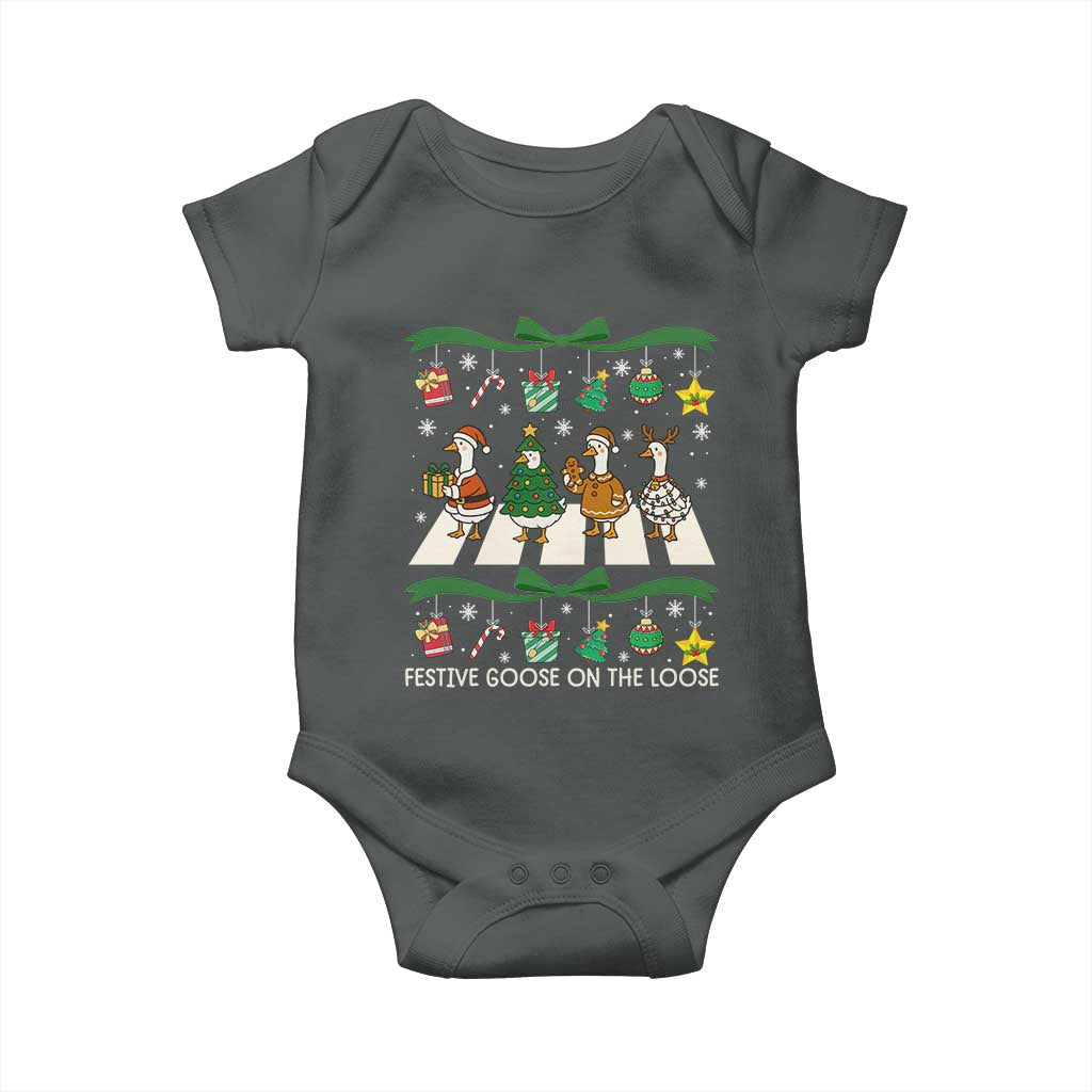 Festive Goose On The Loose Christmas Baby Onesie Cute Xmas Duck Silly Gooses Coquette Bow TS10 Dark Heather Print Your Wear