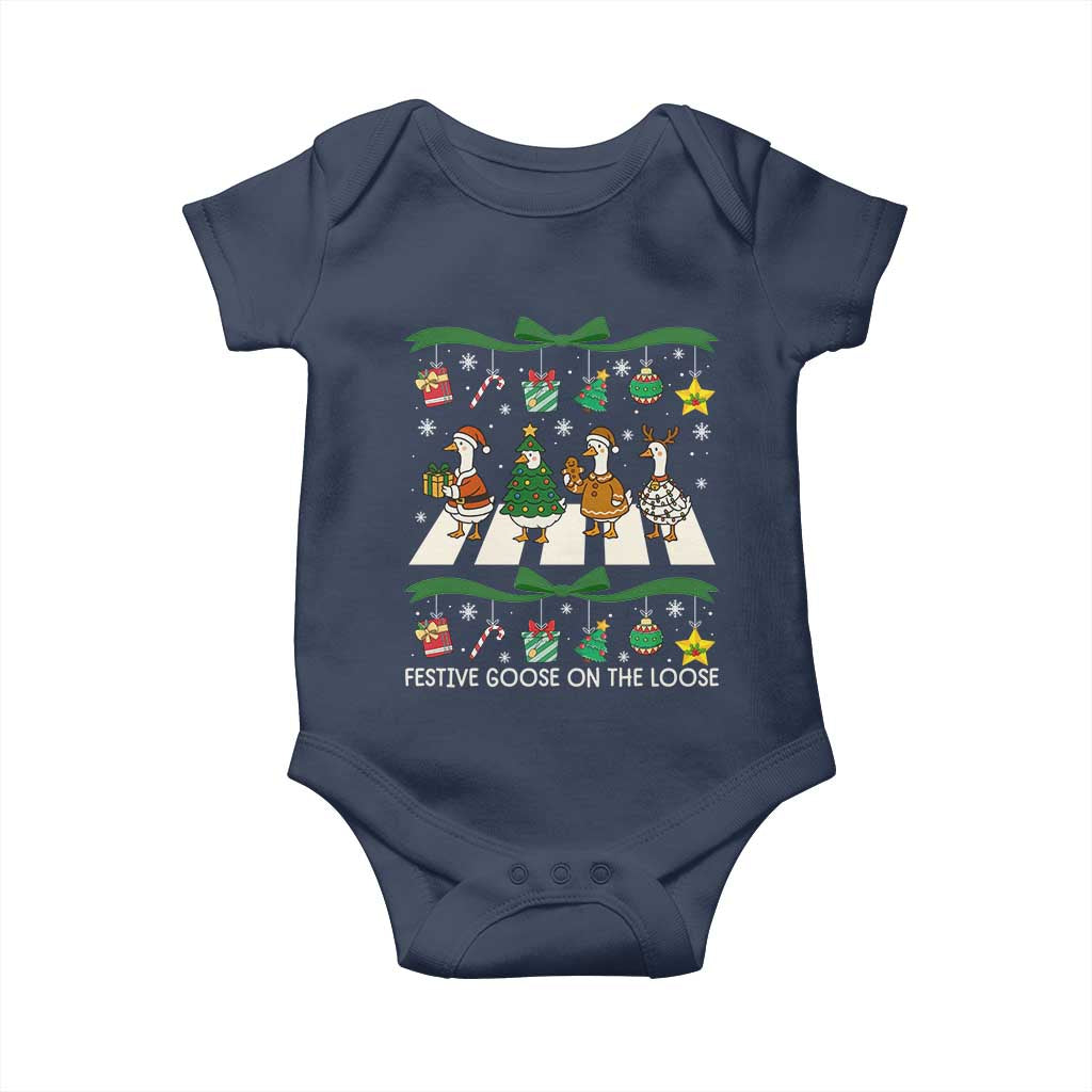 Festive Goose On The Loose Christmas Baby Onesie Cute Xmas Duck Silly Gooses Coquette Bow TS10 Navy Print Your Wear