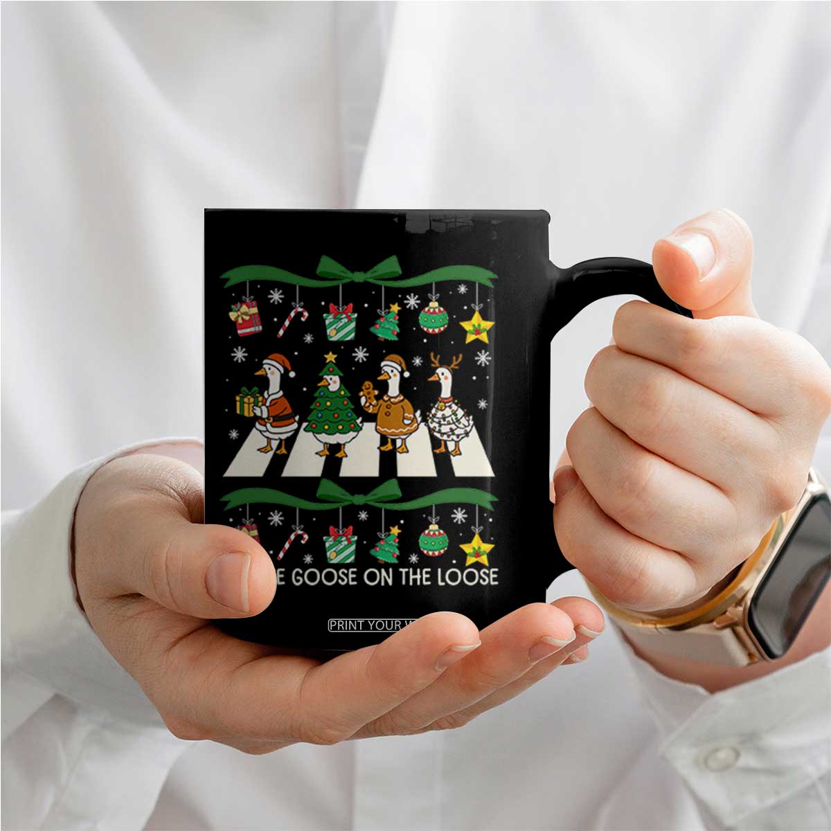 Festive Goose On The Loose Christmas Coffee Mug Cute Xmas Duck Silly Gooses Coquette Bow TS10 Print Your Wear