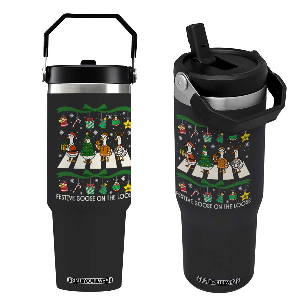 Festive Goose On The Loose Christmas Flip Straw Tumbler Cute Xmas Duck Silly Gooses Coquette Bow TS10 One Size: 30 oz Black Print Your Wear