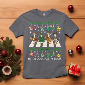 Festive Goose On The Loose Christmas T Shirt Cute Xmas Duck Silly Gooses Coquette Bow TS10 Charcoal Print Your Wear