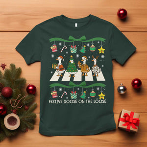 Festive Goose On The Loose Christmas T Shirt Cute Xmas Duck Silly Gooses Coquette Bow TS10 Dark Forest Green Print Your Wear