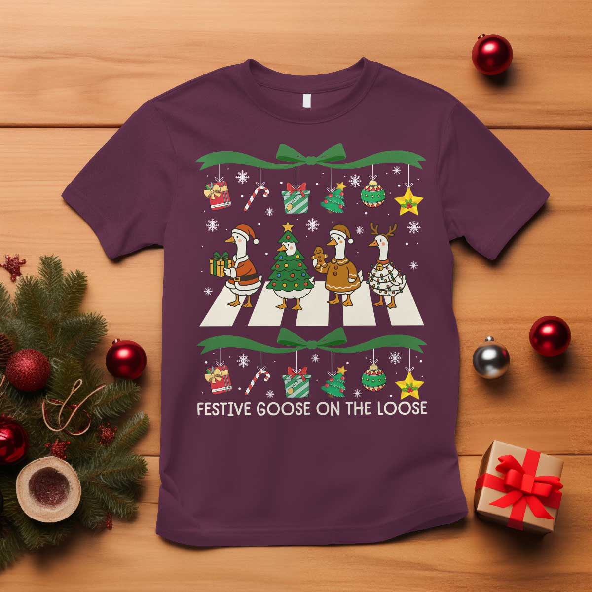 Festive Goose On The Loose Christmas T Shirt Cute Xmas Duck Silly Gooses Coquette Bow TS10 Maroon Print Your Wear
