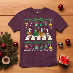 Festive Goose On The Loose Christmas T Shirt Cute Xmas Duck Silly Gooses Coquette Bow TS10 Maroon Print Your Wear