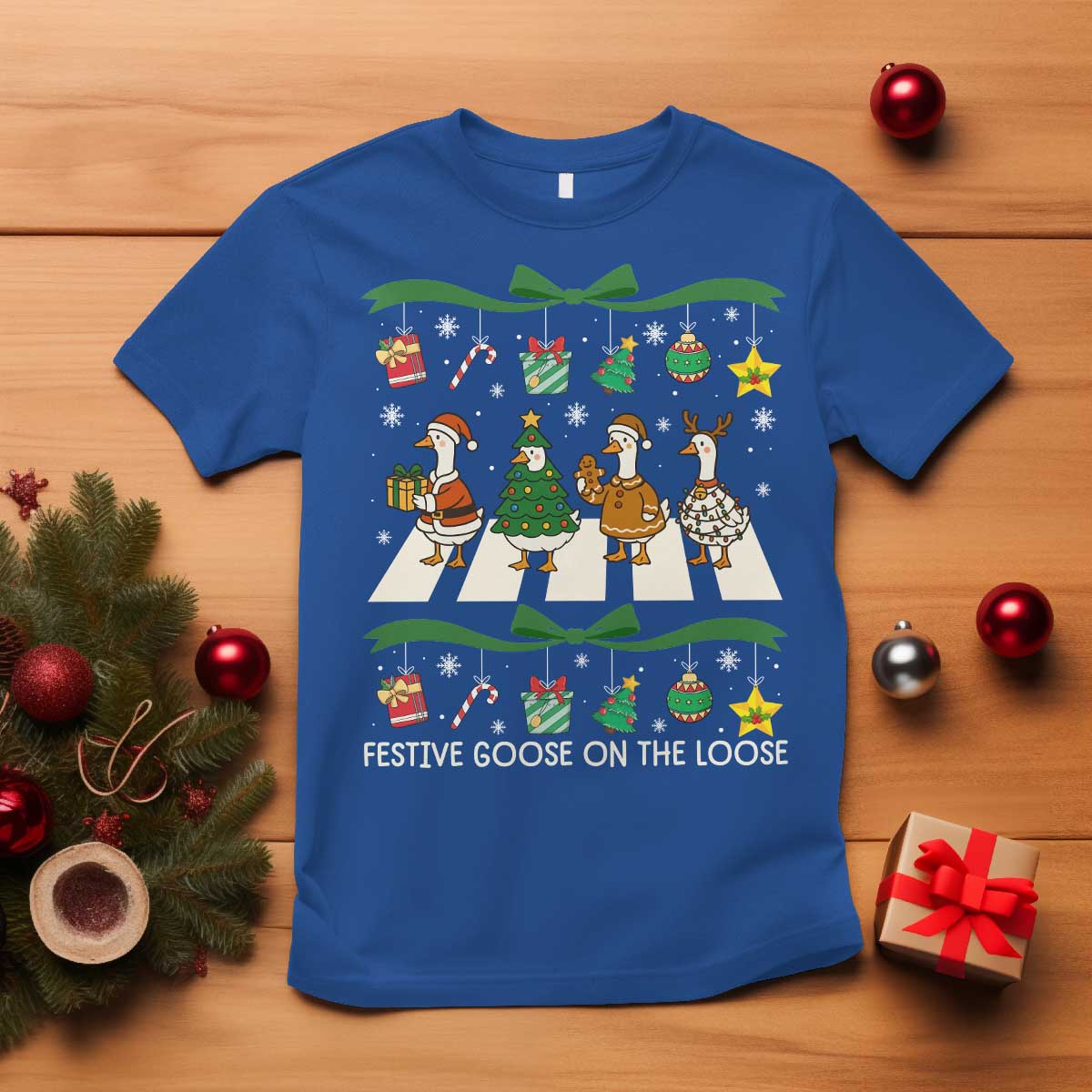 Festive Goose On The Loose Christmas T Shirt Cute Xmas Duck Silly Gooses Coquette Bow TS10 Royal Blue Print Your Wear