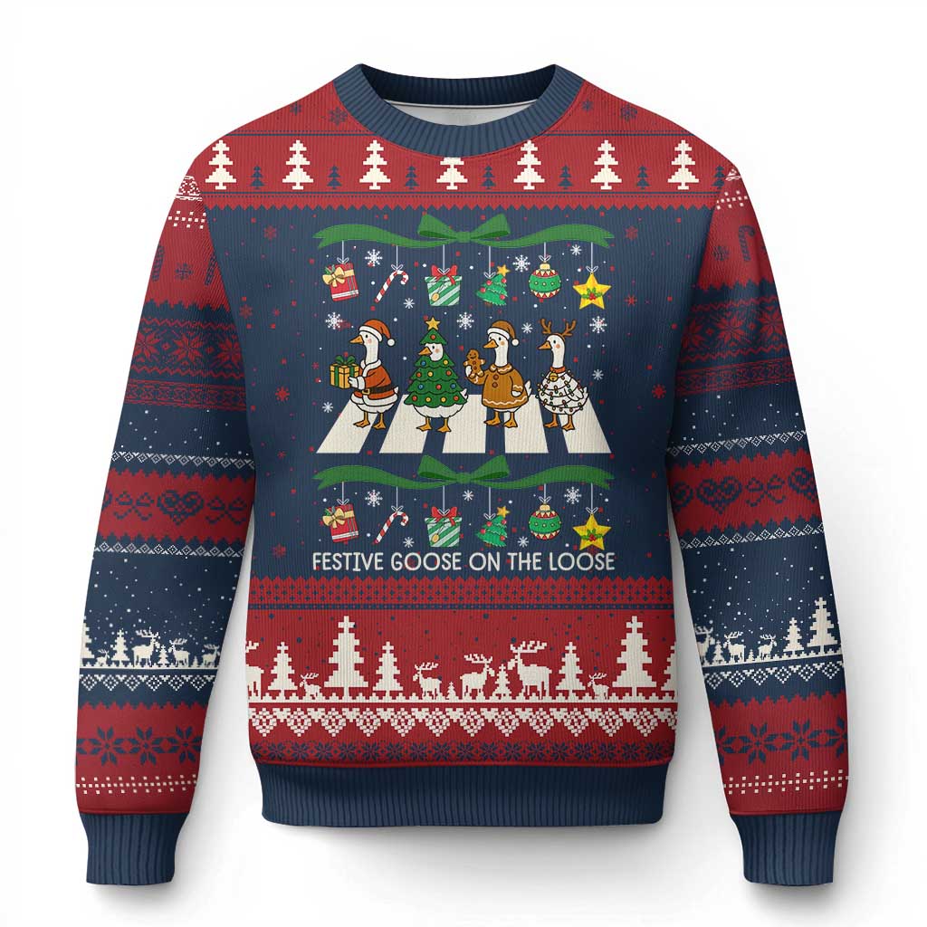 Festive Goose On The Loose Xmas Ugly Christmas Sweater Cute Xmas Duck Silly Gooses Coquette Bow TS10 Navy Red Print Your Wear