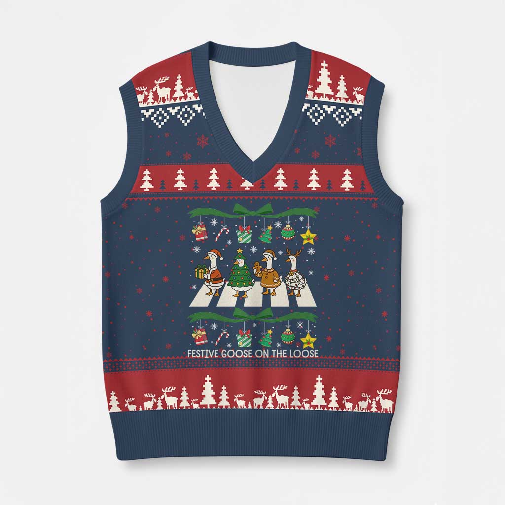 Festive Goose On The Loose Xmas V-Neck Knit Sweater Vest Cute Xmas Duck Silly Gooses Coquette Bow TS10 Navy Red Print Your Wear
