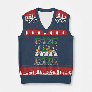 Festive Goose On The Loose Xmas V-Neck Knit Sweater Vest Cute Xmas Duck Silly Gooses Coquette Bow TS10 Navy Red Print Your Wear