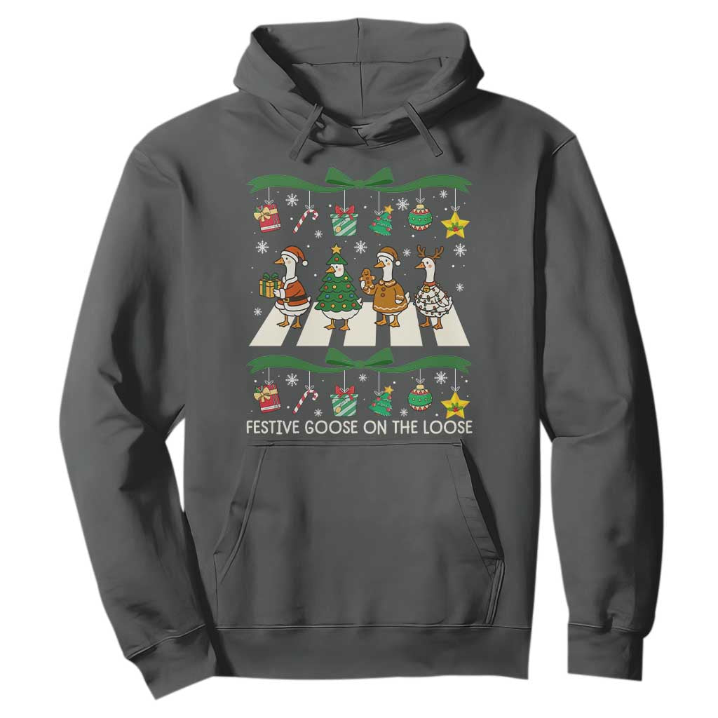 Festive Goose On The Loose Christmas Hoodie Cute Xmas Duck Silly Gooses Coquette Bow TS10 Dark Heather Print Your Wear