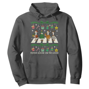 Festive Goose On The Loose Christmas Hoodie Cute Xmas Duck Silly Gooses Coquette Bow TS10 Dark Heather Print Your Wear