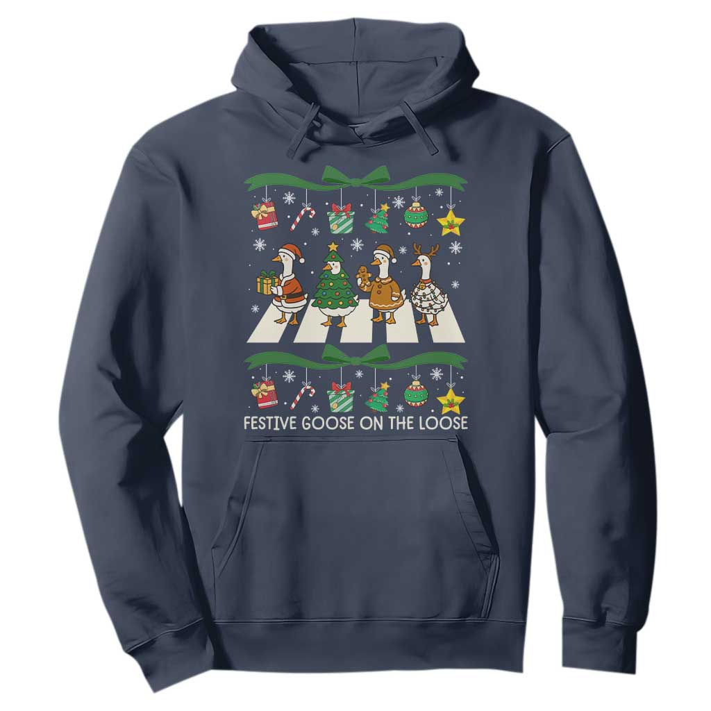 Festive Goose On The Loose Christmas Hoodie Cute Xmas Duck Silly Gooses Coquette Bow TS10 Navy Print Your Wear