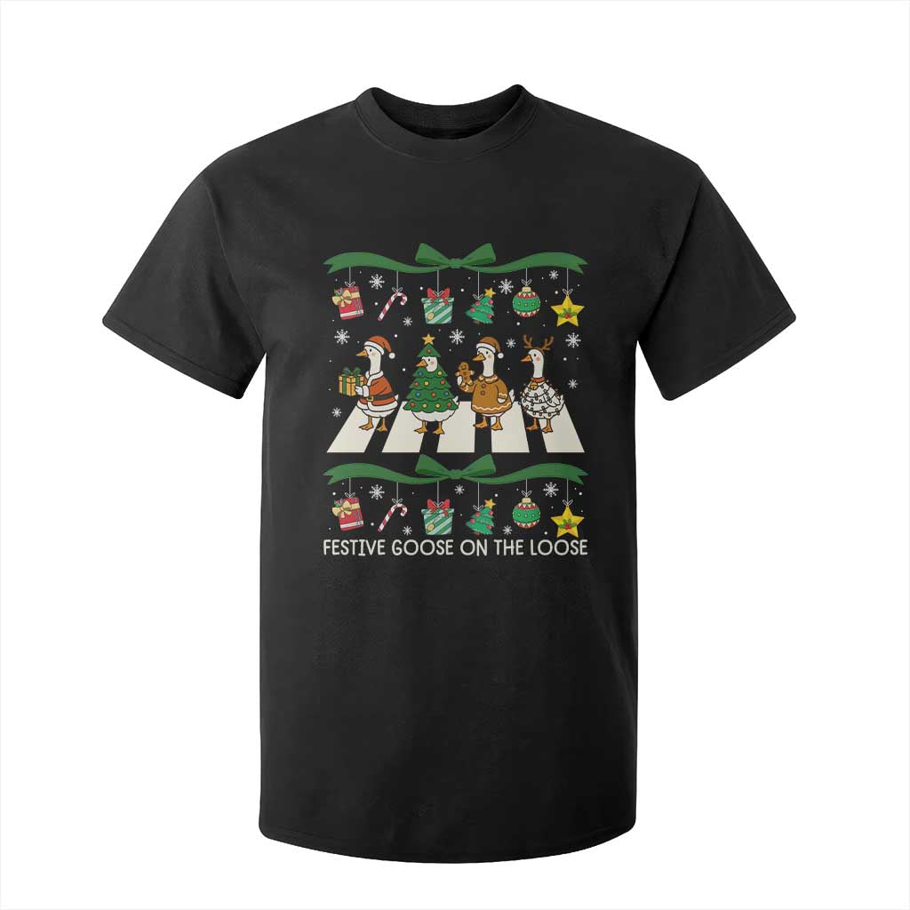 Festive Goose On The Loose Christmas T Shirt For Kid Cute Xmas Duck Silly Gooses Coquette Bow TS10 Black Print Your Wear