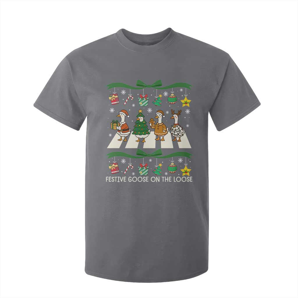 Festive Goose On The Loose Christmas T Shirt For Kid Cute Xmas Duck Silly Gooses Coquette Bow TS10 Charcoal Print Your Wear