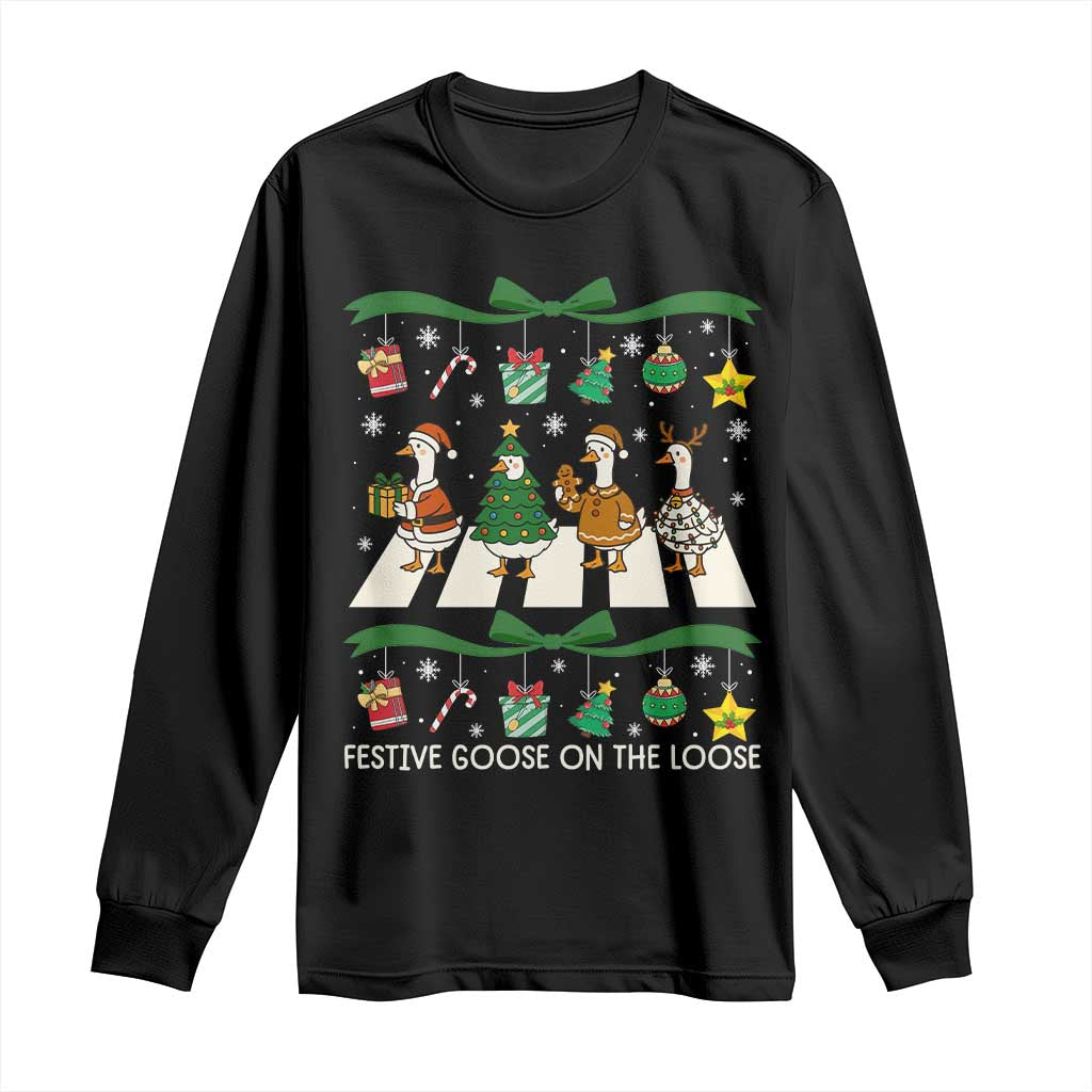 Festive Goose On The Loose Christmas Long Sleeve Shirt Cute Xmas Duck Silly Gooses Coquette Bow TS10 Black Print Your Wear