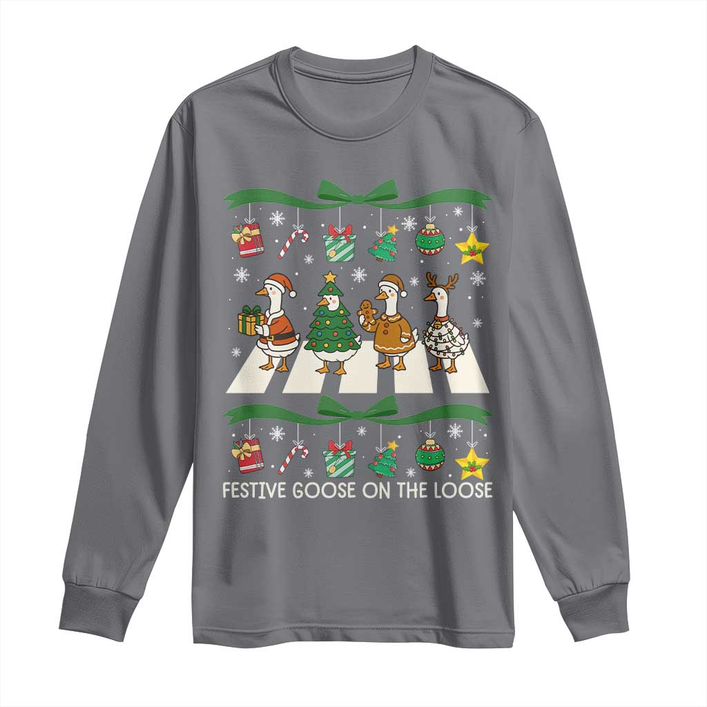 Festive Goose On The Loose Christmas Long Sleeve Shirt Cute Xmas Duck Silly Gooses Coquette Bow TS10 Charcoal Print Your Wear