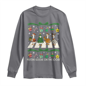 Festive Goose On The Loose Christmas Long Sleeve Shirt Cute Xmas Duck Silly Gooses Coquette Bow TS10 Charcoal Print Your Wear