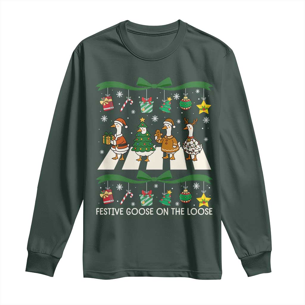 Festive Goose On The Loose Christmas Long Sleeve Shirt Cute Xmas Duck Silly Gooses Coquette Bow TS10 Dark Forest Green Print Your Wear