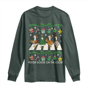 Festive Goose On The Loose Christmas Long Sleeve Shirt Cute Xmas Duck Silly Gooses Coquette Bow TS10 Dark Forest Green Print Your Wear