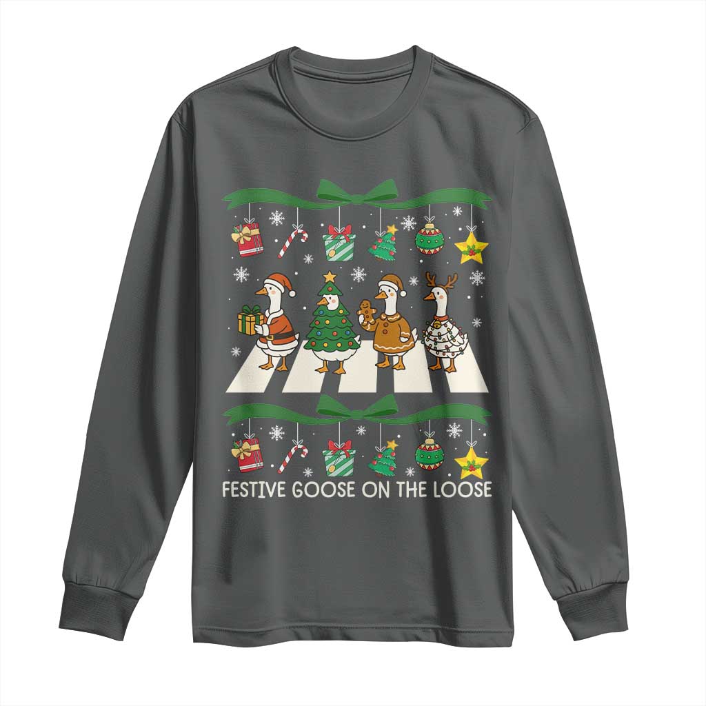 Festive Goose On The Loose Christmas Long Sleeve Shirt Cute Xmas Duck Silly Gooses Coquette Bow TS10 Dark Heather Print Your Wear