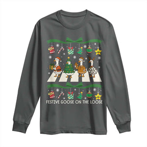 Festive Goose On The Loose Christmas Long Sleeve Shirt Cute Xmas Duck Silly Gooses Coquette Bow TS10 Dark Heather Print Your Wear
