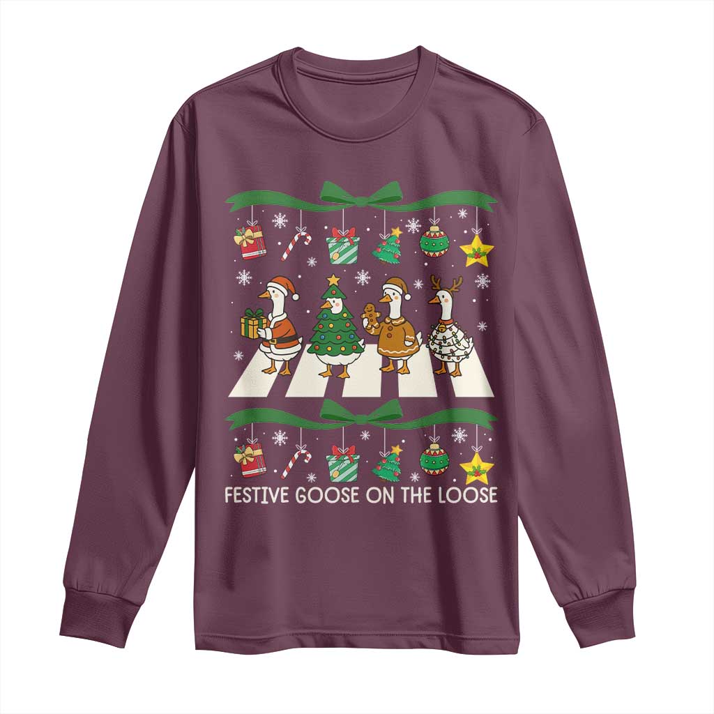 Festive Goose On The Loose Christmas Long Sleeve Shirt Cute Xmas Duck Silly Gooses Coquette Bow TS10 Maroon Print Your Wear