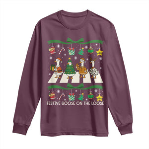 Festive Goose On The Loose Christmas Long Sleeve Shirt Cute Xmas Duck Silly Gooses Coquette Bow TS10 Maroon Print Your Wear