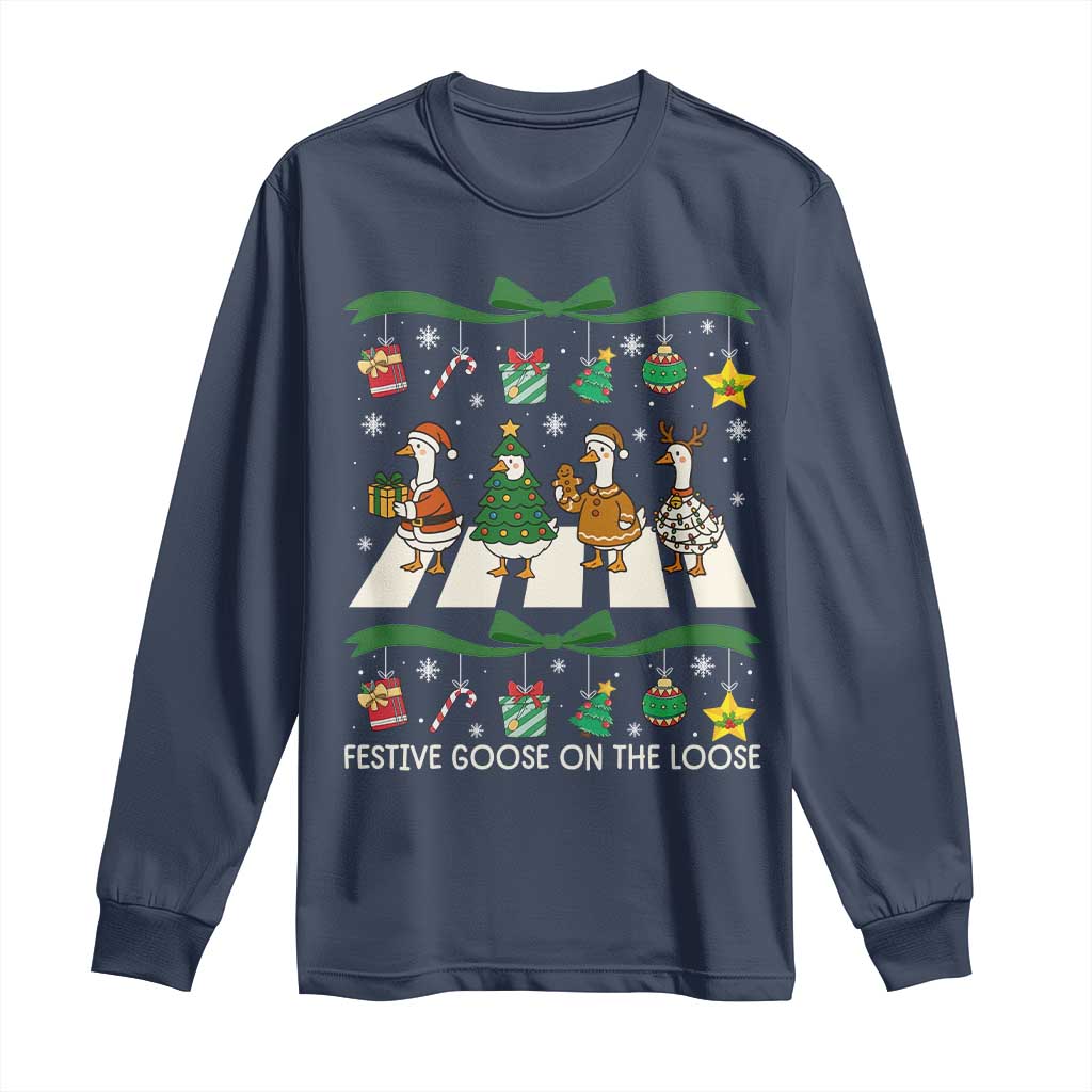 Festive Goose On The Loose Christmas Long Sleeve Shirt Cute Xmas Duck Silly Gooses Coquette Bow TS10 Navy Print Your Wear