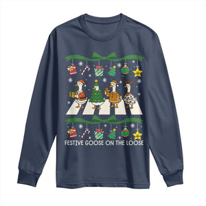 Festive Goose On The Loose Christmas Long Sleeve Shirt Cute Xmas Duck Silly Gooses Coquette Bow TS10 Navy Print Your Wear
