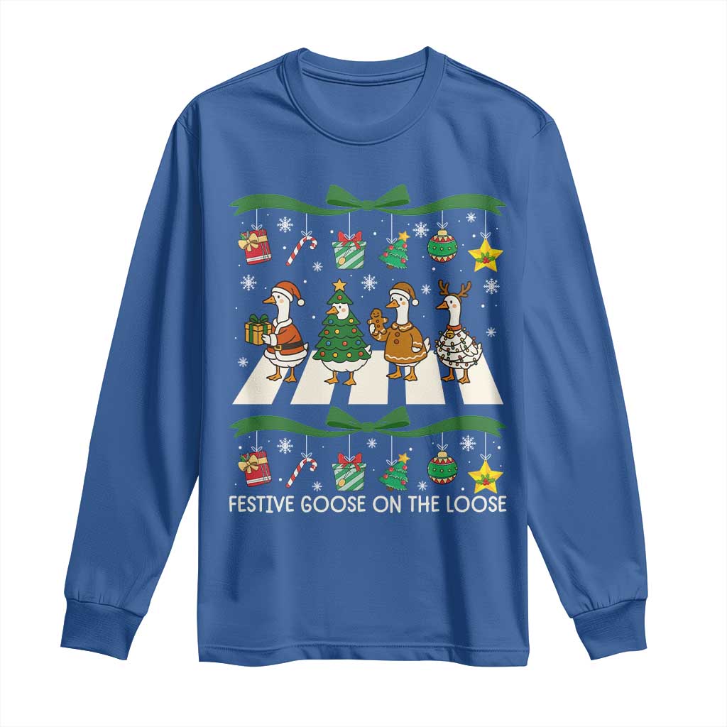 Festive Goose On The Loose Christmas Long Sleeve Shirt Cute Xmas Duck Silly Gooses Coquette Bow TS10 Royal Blue Print Your Wear