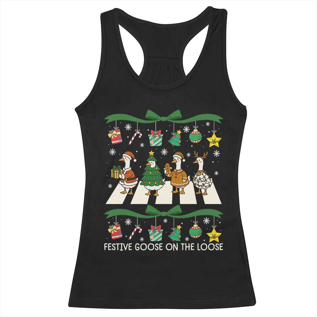 Festive Goose On The Loose Christmas Racerback Tank Top Cute Xmas Duck Silly Gooses Coquette Bow TS10 Black Print Your Wear