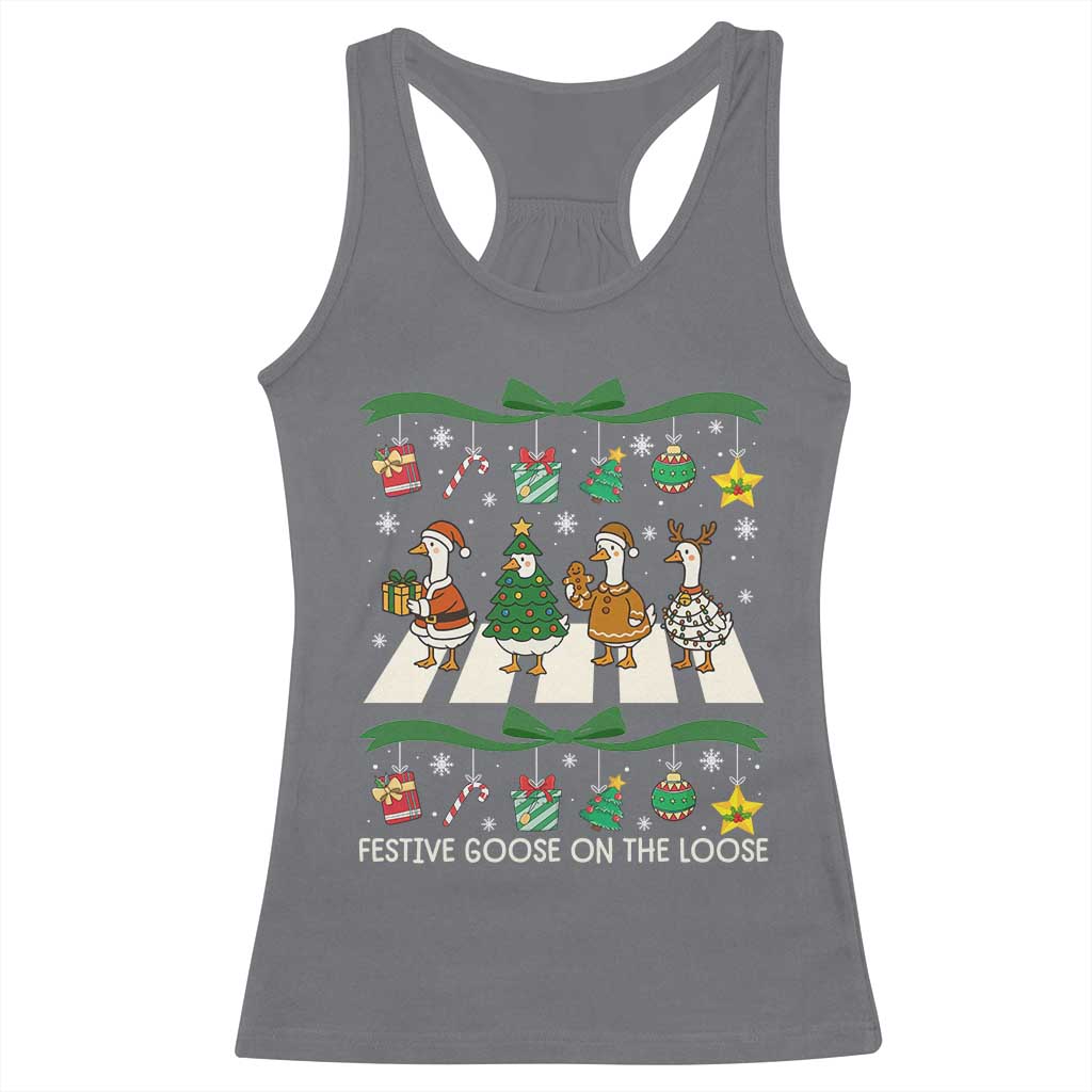 Festive Goose On The Loose Christmas Racerback Tank Top Cute Xmas Duck Silly Gooses Coquette Bow TS10 Charcoal Print Your Wear
