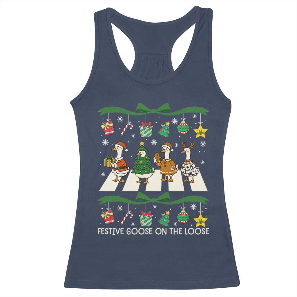 Festive Goose On The Loose Christmas Racerback Tank Top Cute Xmas Duck Silly Gooses Coquette Bow TS10 Navy Print Your Wear