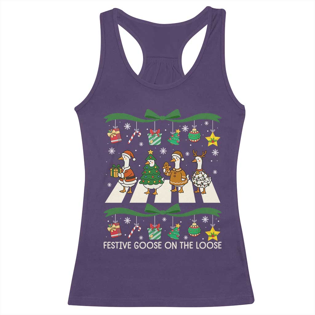 Festive Goose On The Loose Christmas Racerback Tank Top Cute Xmas Duck Silly Gooses Coquette Bow TS10 Purple Print Your Wear