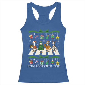 Festive Goose On The Loose Christmas Racerback Tank Top Cute Xmas Duck Silly Gooses Coquette Bow TS10 Royal Blue Print Your Wear