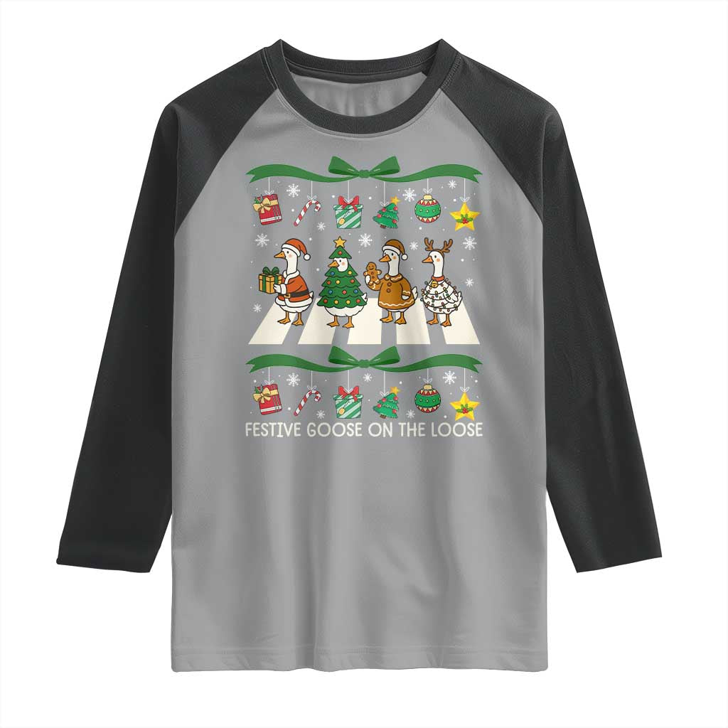 Festive Goose On The Loose Christmas Raglan Shirt Cute Xmas Duck Silly Gooses Coquette Bow TS10 Sport Gray Black Print Your Wear