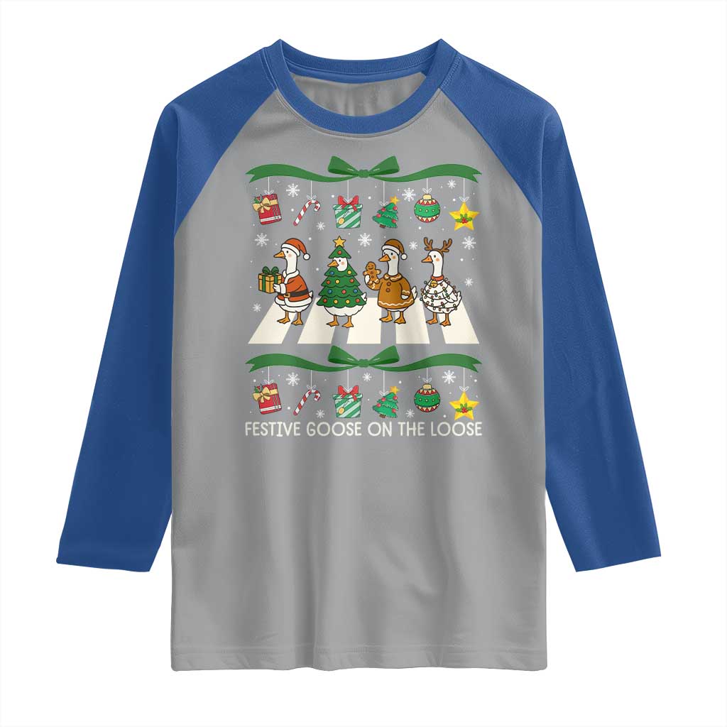 Festive Goose On The Loose Christmas Raglan Shirt Cute Xmas Duck Silly Gooses Coquette Bow TS10 Sport Gray Royal Print Your Wear