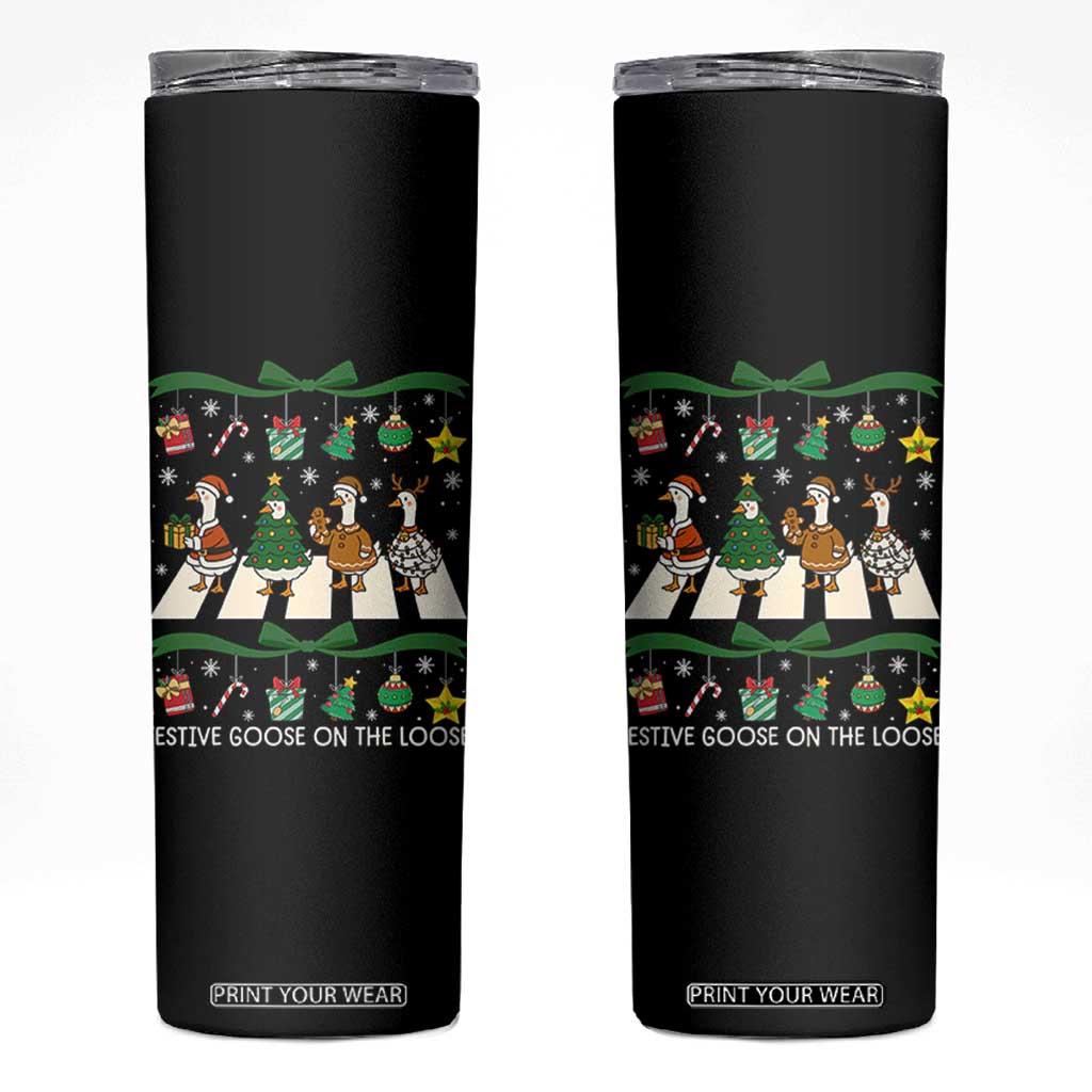 Festive Goose On The Loose Christmas Skinny Tumbler Cute Xmas Duck Silly Gooses Coquette Bow TS10 Black Print Your Wear