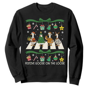 Festive Goose On The Loose Christmas Sweatshirt Cute Xmas Duck Silly Gooses Coquette Bow TS10 Black Print Your Wear