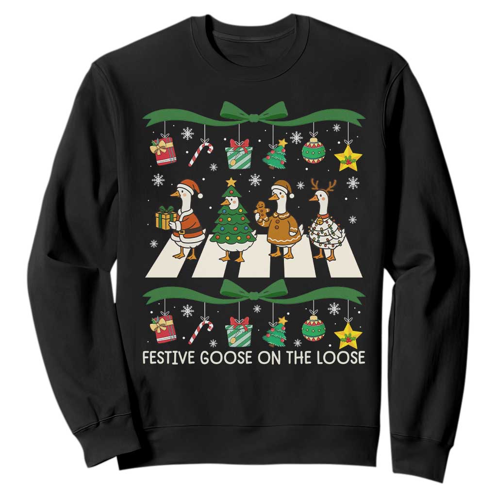 Festive Goose On The Loose Christmas Sweatshirt Cute Xmas Duck Silly Gooses Coquette Bow TS10 Black Print Your Wear