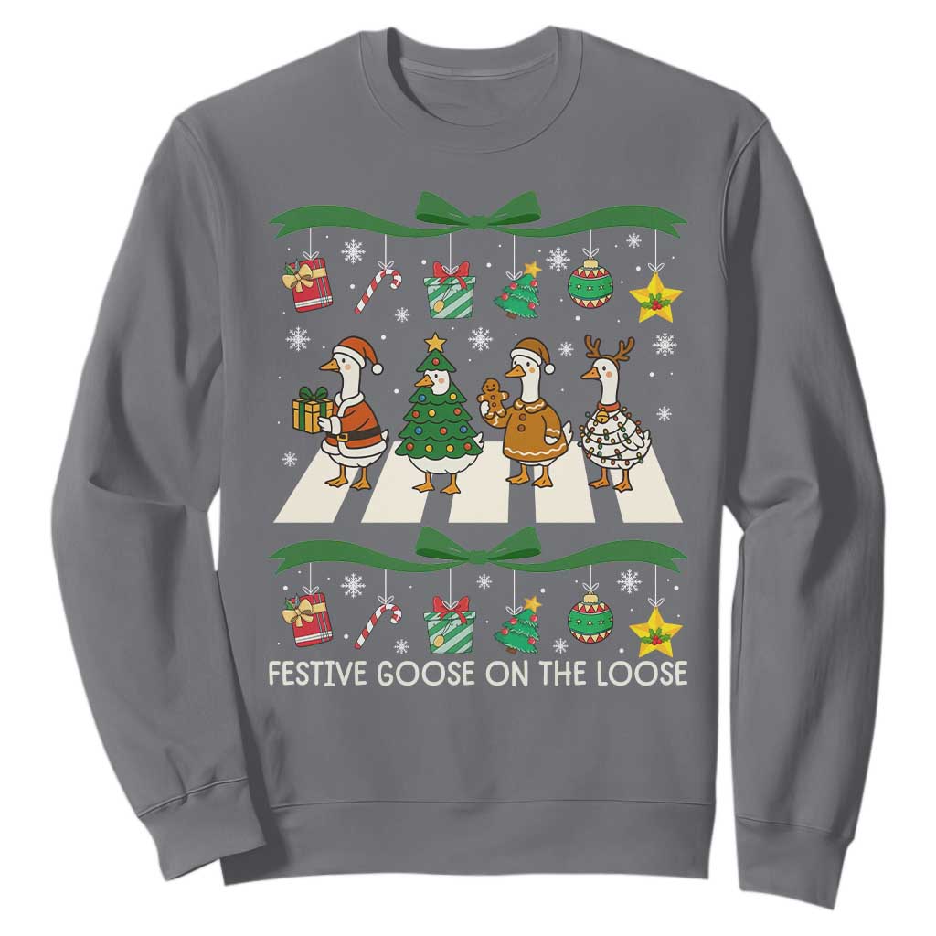 Festive Goose On The Loose Christmas Sweatshirt Cute Xmas Duck Silly Gooses Coquette Bow TS10 Charcoal Print Your Wear