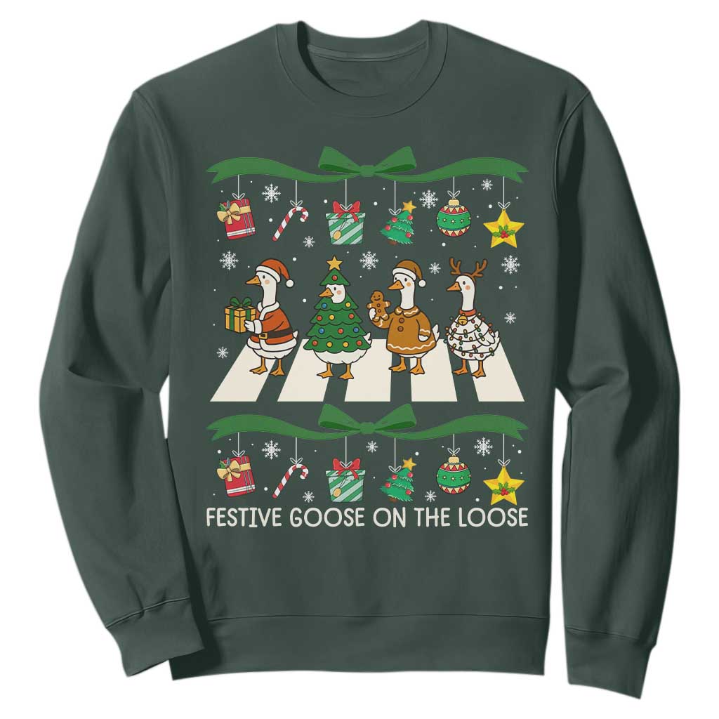 Festive Goose On The Loose Christmas Sweatshirt Cute Xmas Duck Silly Gooses Coquette Bow TS10 Dark Forest Green Print Your Wear