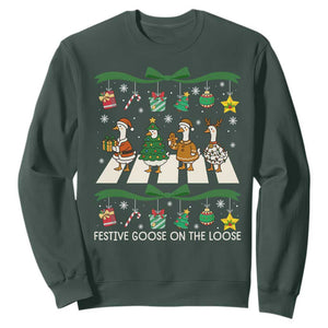Festive Goose On The Loose Christmas Sweatshirt Cute Xmas Duck Silly Gooses Coquette Bow TS10 Dark Forest Green Print Your Wear