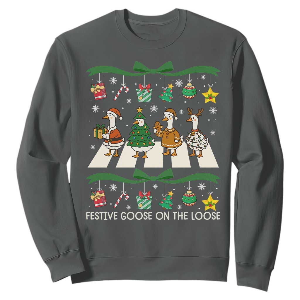 Festive Goose On The Loose Christmas Sweatshirt Cute Xmas Duck Silly Gooses Coquette Bow TS10 Dark Heather Print Your Wear