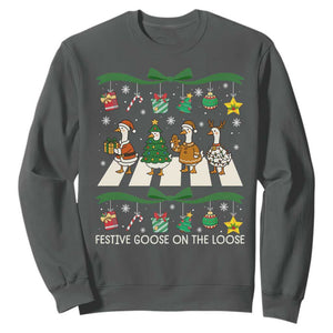 Festive Goose On The Loose Christmas Sweatshirt Cute Xmas Duck Silly Gooses Coquette Bow TS10 Dark Heather Print Your Wear