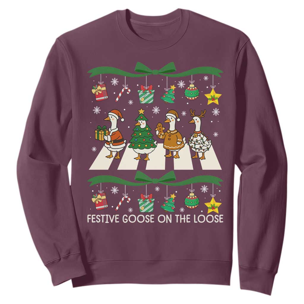 Festive Goose On The Loose Christmas Sweatshirt Cute Xmas Duck Silly Gooses Coquette Bow TS10 Maroon Print Your Wear