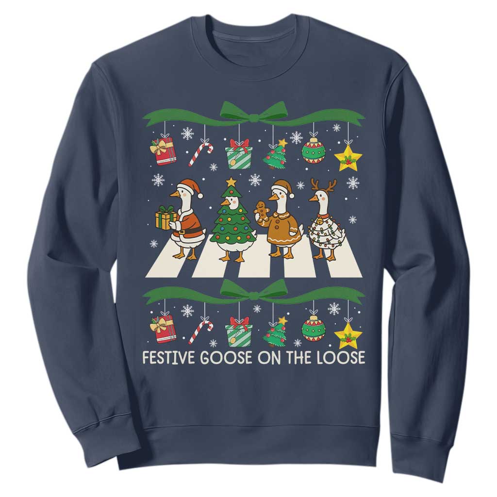 Festive Goose On The Loose Christmas Sweatshirt Cute Xmas Duck Silly Gooses Coquette Bow TS10 Navy Print Your Wear