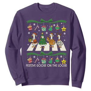 Festive Goose On The Loose Christmas Sweatshirt Cute Xmas Duck Silly Gooses Coquette Bow TS10 Purple Print Your Wear