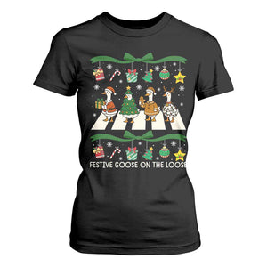Festive Goose On The Loose Christmas T Shirt For Women Cute Xmas Duck Silly Gooses Coquette Bow TS10 Black Print Your Wear