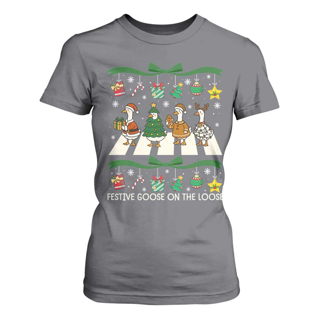 Festive Goose On The Loose Christmas T Shirt For Women Cute Xmas Duck Silly Gooses Coquette Bow TS10 Charcoal Print Your Wear