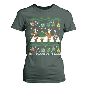 Festive Goose On The Loose Christmas T Shirt For Women Cute Xmas Duck Silly Gooses Coquette Bow TS10 Dark Forest Green Print Your Wear